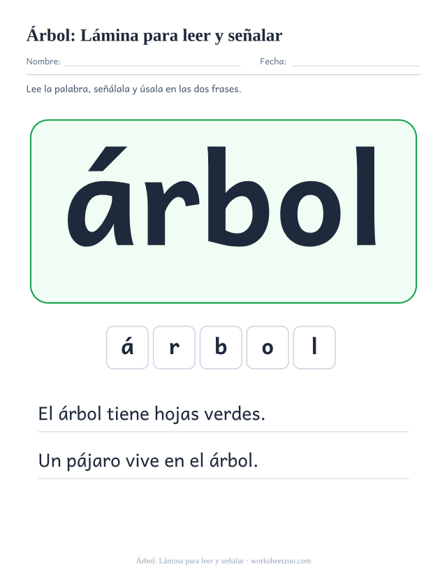 Ficha de la palabra frecuente «árbol», lámina para leer y señalar para imprimir