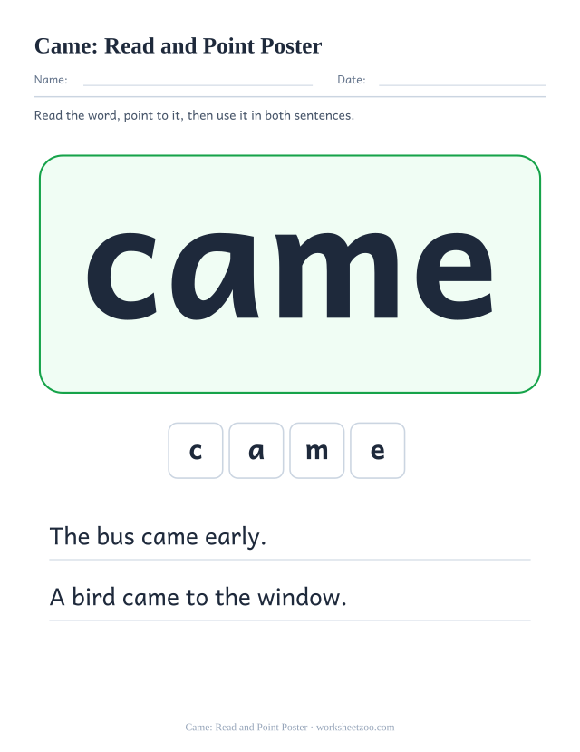 Sight word “came” worksheet, read and point poster printable activity