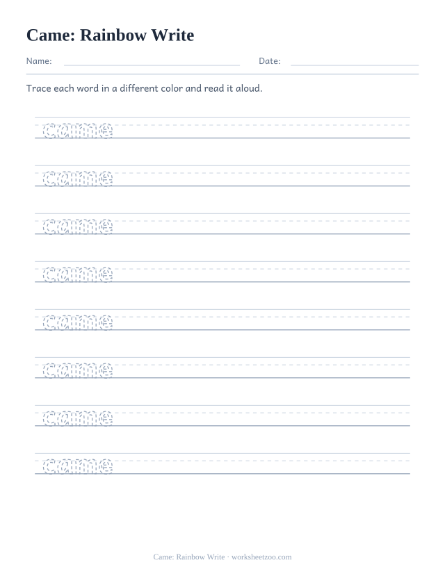 Sight word “came” worksheet, rainbow write printable activity