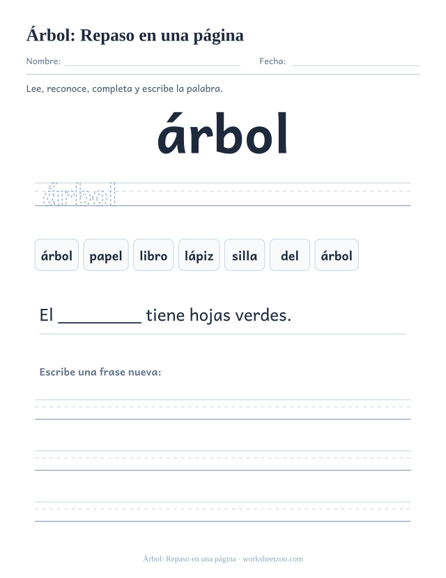 Ficha de la palabra frecuente «árbol», repaso en una página para imprimir