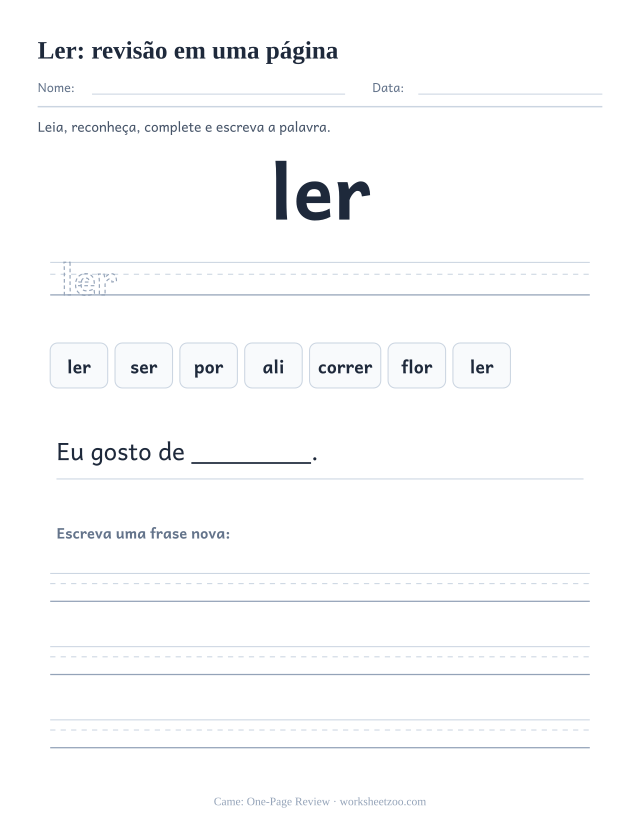Prévia da palavra frequente “ler”, revisão em uma página