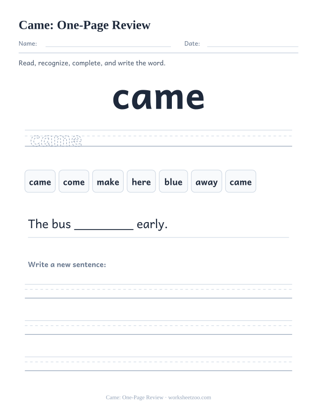 Sight word “came” worksheet, one-page review printable activity