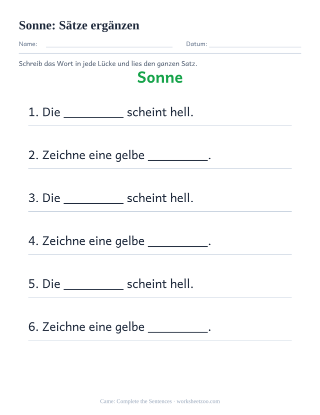 Vorschau: häufiges Wort „Sonne“, Sätze ergänzen