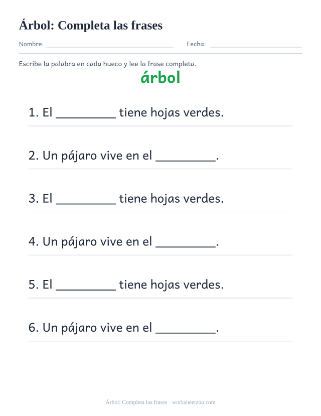 Ficha de la palabra frecuente «árbol», completa las frases para imprimir