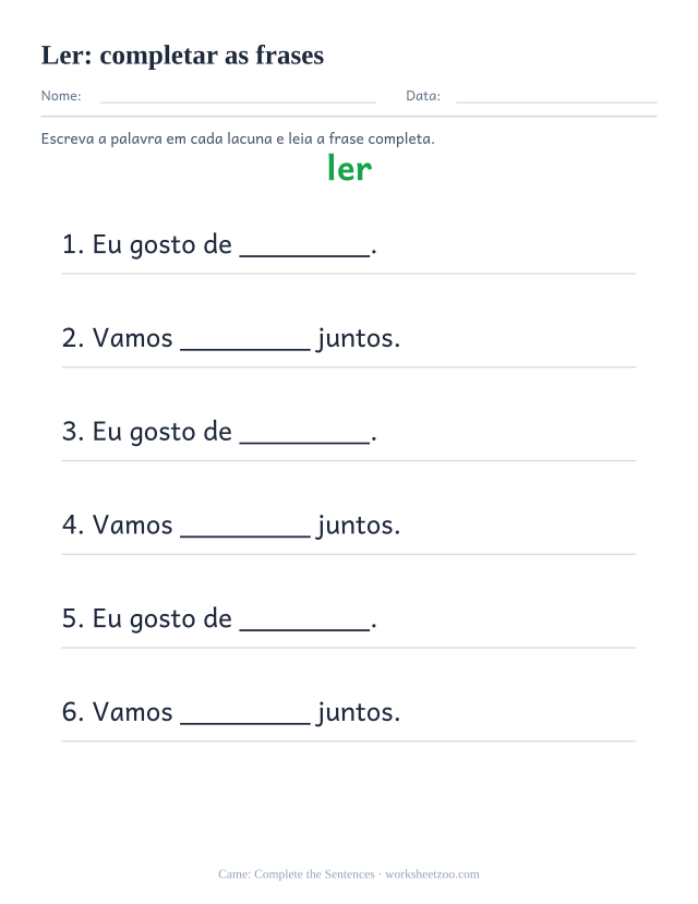 Prévia da palavra frequente “ler”, completar as frases