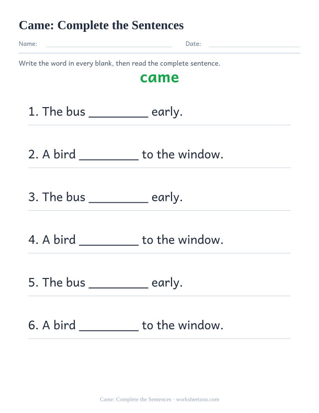Sight word “came” worksheet, complete the sentences printable activity