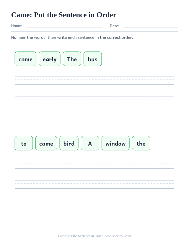 Sight word “came” worksheet, put the sentence in order printable activity