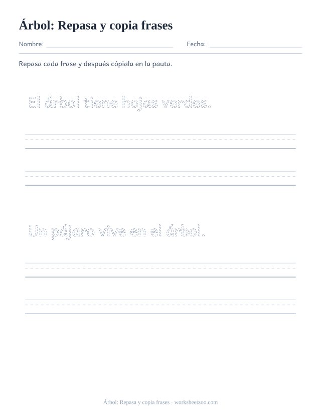 Ficha de la palabra frecuente «árbol», repasa y copia frases para imprimir