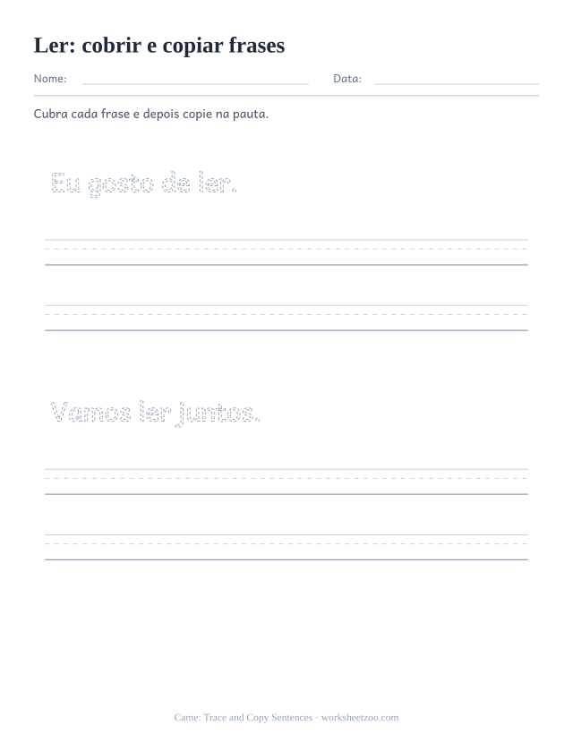 Prévia da palavra frequente “ler”, cobrir e copiar frases
