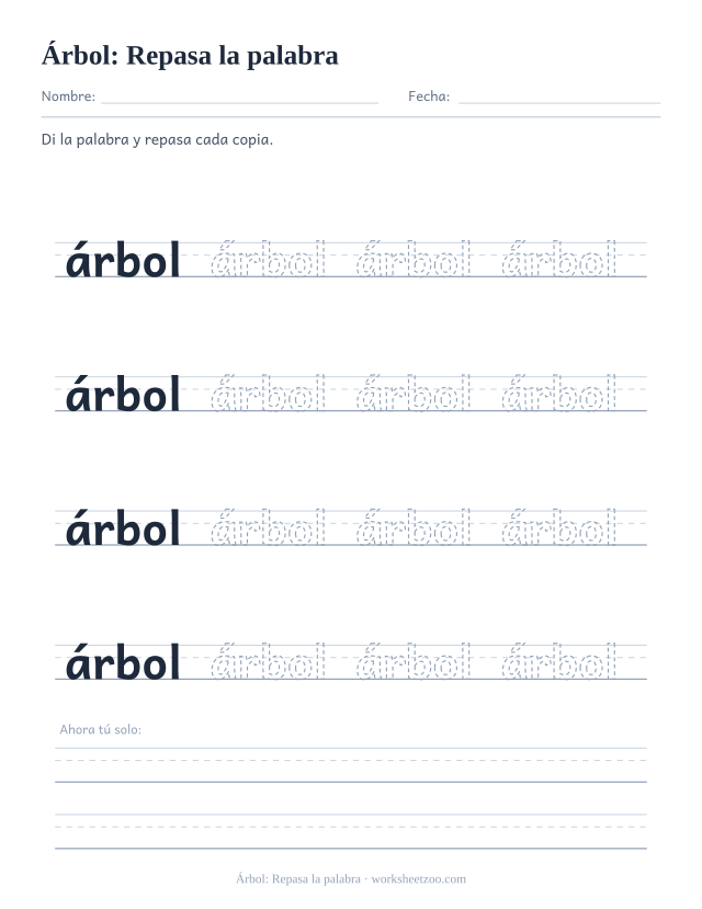 Ficha de la palabra frecuente «árbol», repasa la palabra para imprimir
