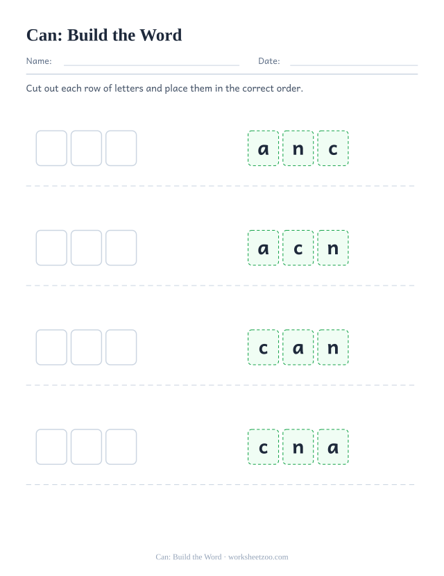 Sight word “can” worksheet, build the word printable activity