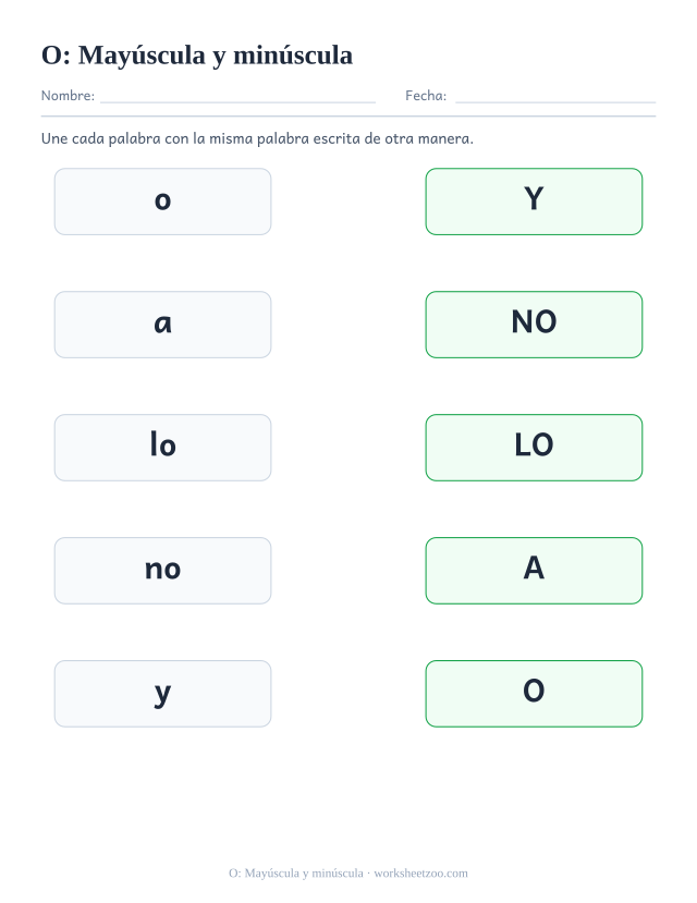 Ficha de la palabra frecuente «o», mayúscula y minúscula para imprimir