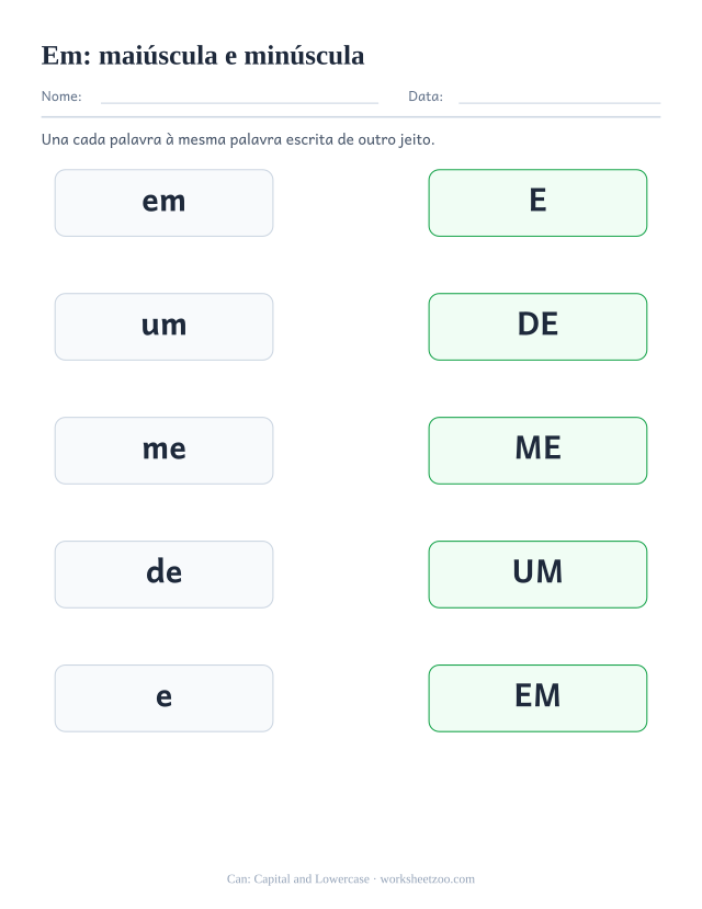 Prévia da palavra frequente “em”, maiúscula e minúscula