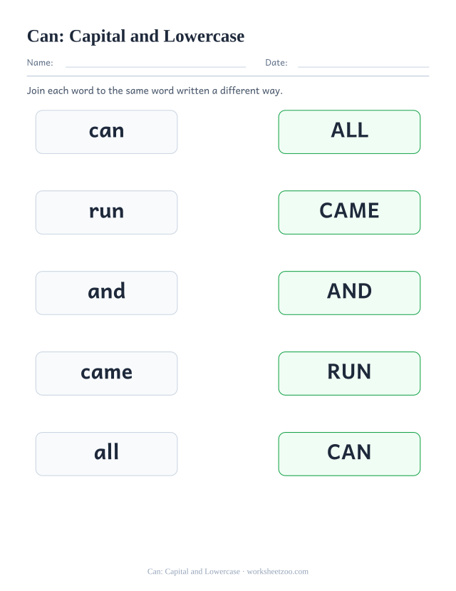 Sight word “can” worksheet, capital and lowercase printable activity