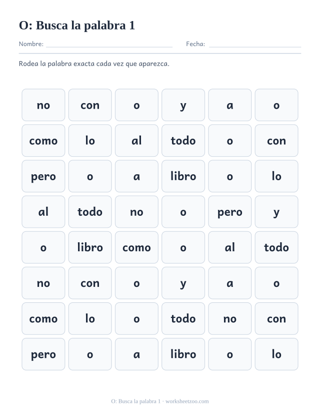 Ficha de la palabra frecuente «o», busca la palabra 1 para imprimir