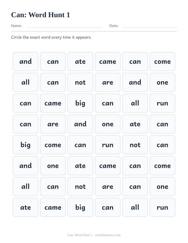 Sight word “can” worksheet, word hunt 1 printable activity