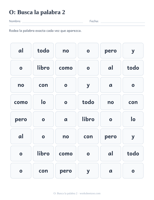 Ficha de la palabra frecuente «o», busca la palabra 2 para imprimir