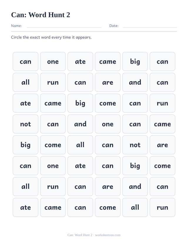 Sight word “can” worksheet, word hunt 2 printable activity
