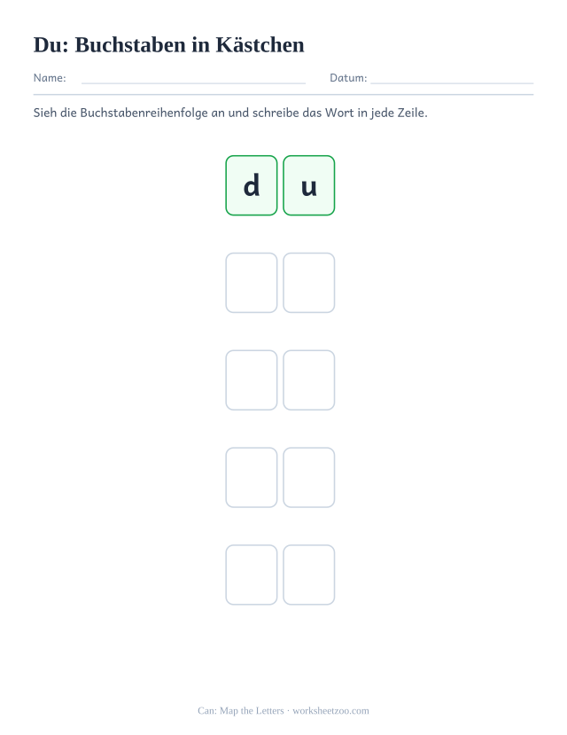 Vorschau: häufiges Wort „du“, Buchstaben in Kästchen