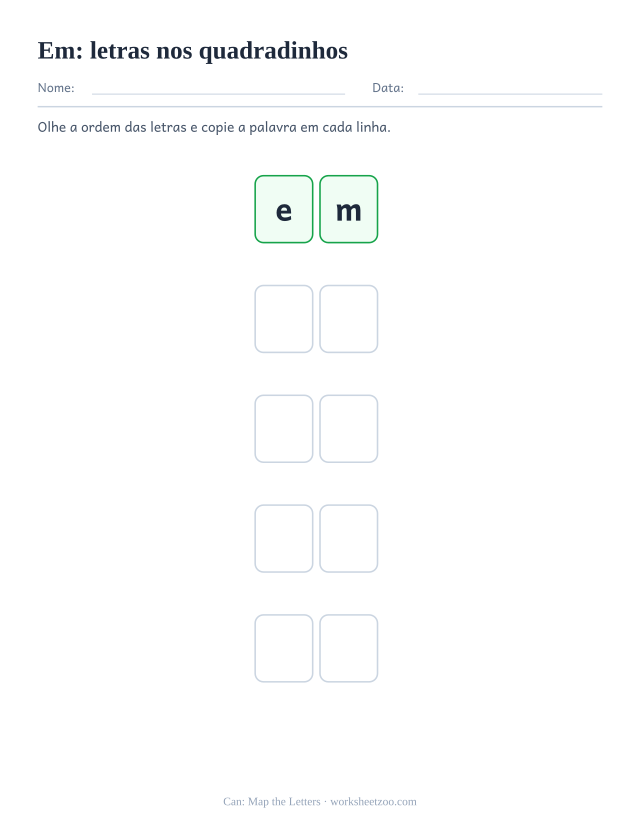 Prévia da palavra frequente “em”, letras nos quadradinhos