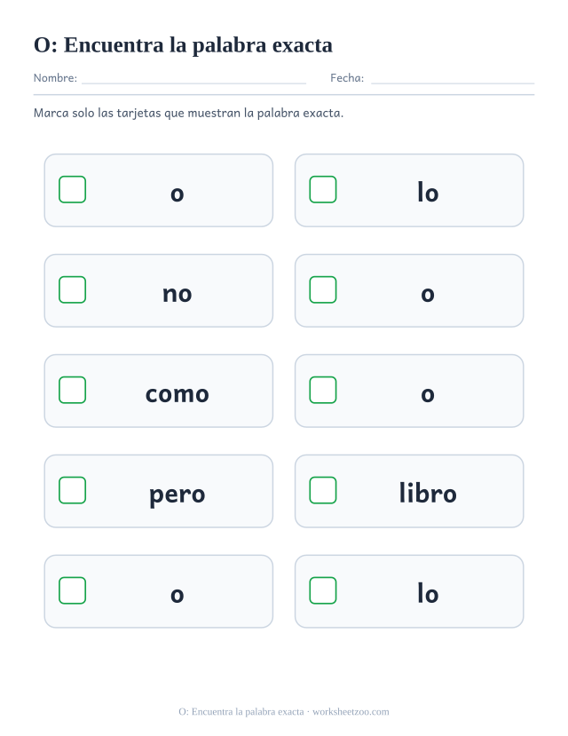 Ficha de la palabra frecuente «o», encuentra la palabra exacta para imprimir