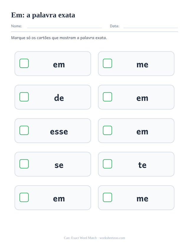 Prévia da palavra frequente “em”, a palavra exata