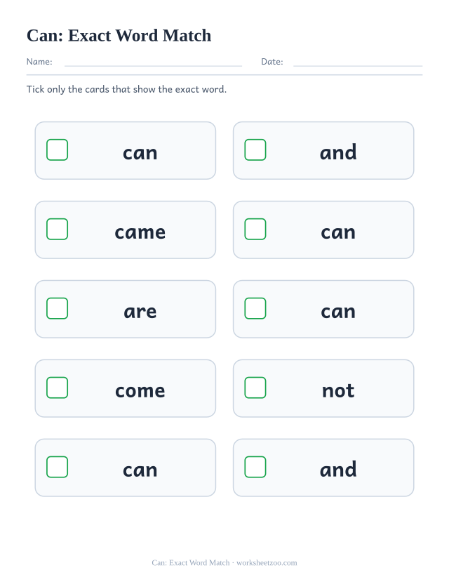 Sight word “can” worksheet, exact word match printable activity