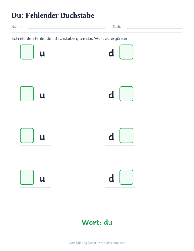 Vorschau: häufiges Wort „du“, Fehlender Buchstabe