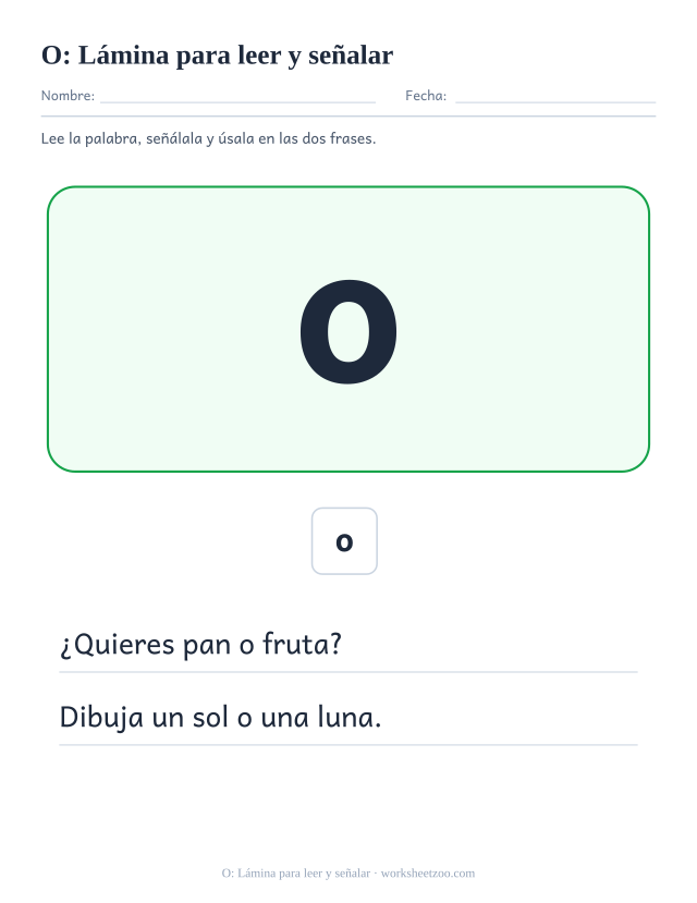 Ficha de la palabra frecuente «o», lámina para leer y señalar para imprimir