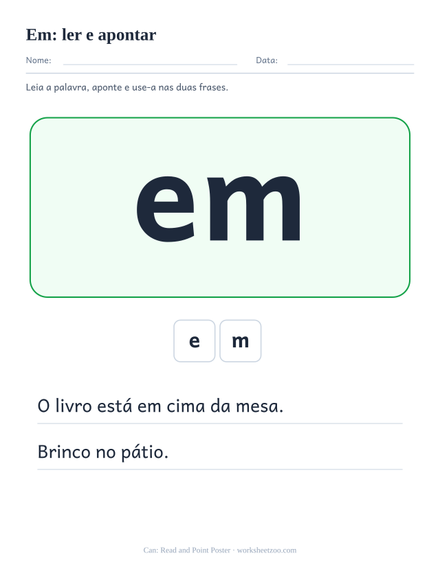 Prévia da palavra frequente “em”, ler e apontar
