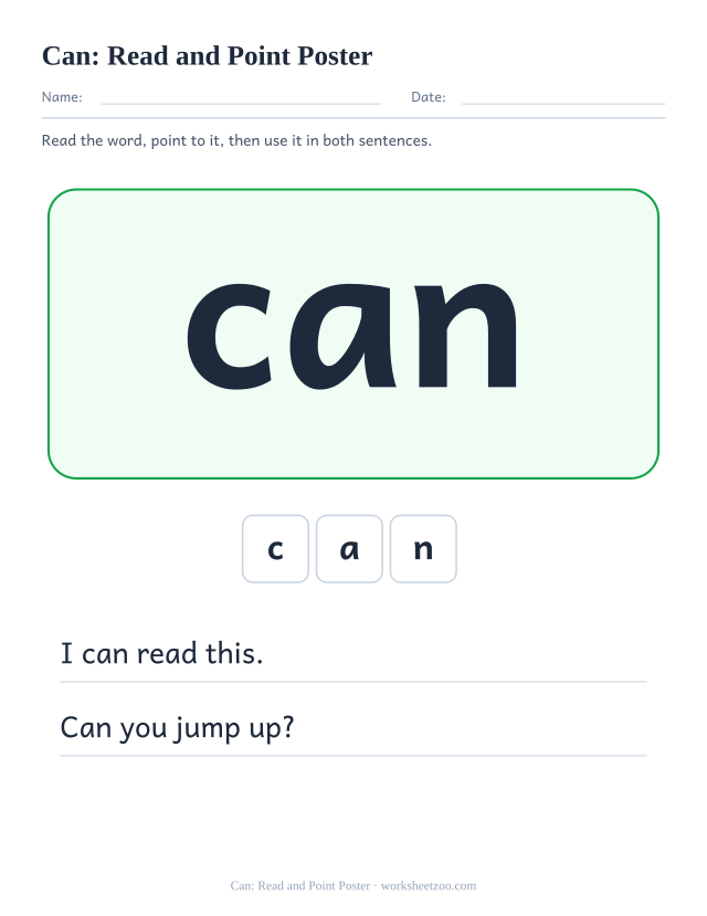 Sight word “can” worksheet, read and point poster printable activity