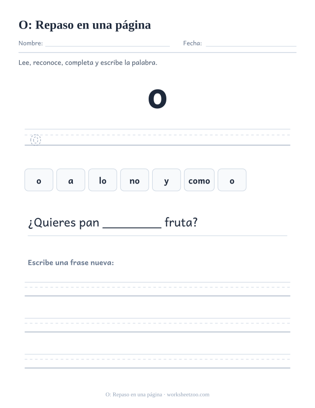 Ficha de la palabra frecuente «o», repaso en una página para imprimir