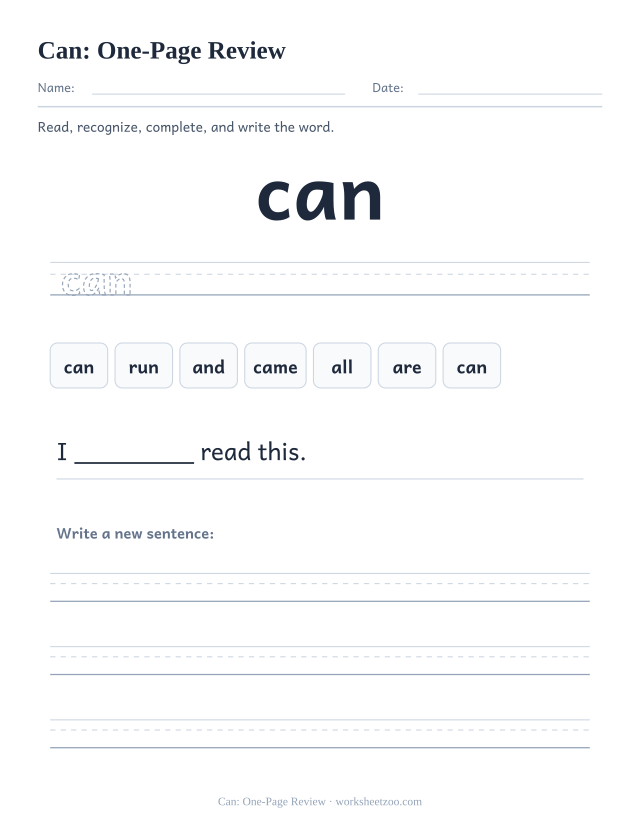 Sight word “can” worksheet, one-page review printable activity