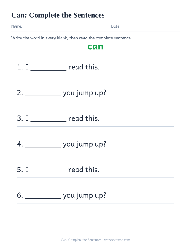 Sight word “can” worksheet, complete the sentences printable activity
