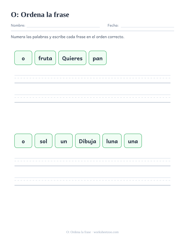 Ficha de la palabra frecuente «o», ordena la frase para imprimir