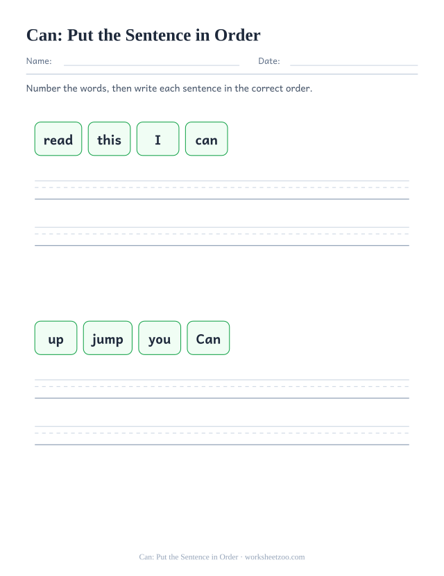 Sight word “can” worksheet, put the sentence in order printable activity