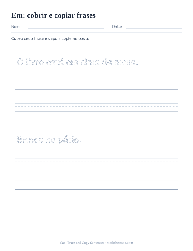Prévia da palavra frequente “em”, cobrir e copiar frases