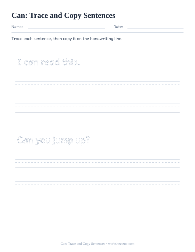 Sight word “can” worksheet, trace and copy sentences printable activity