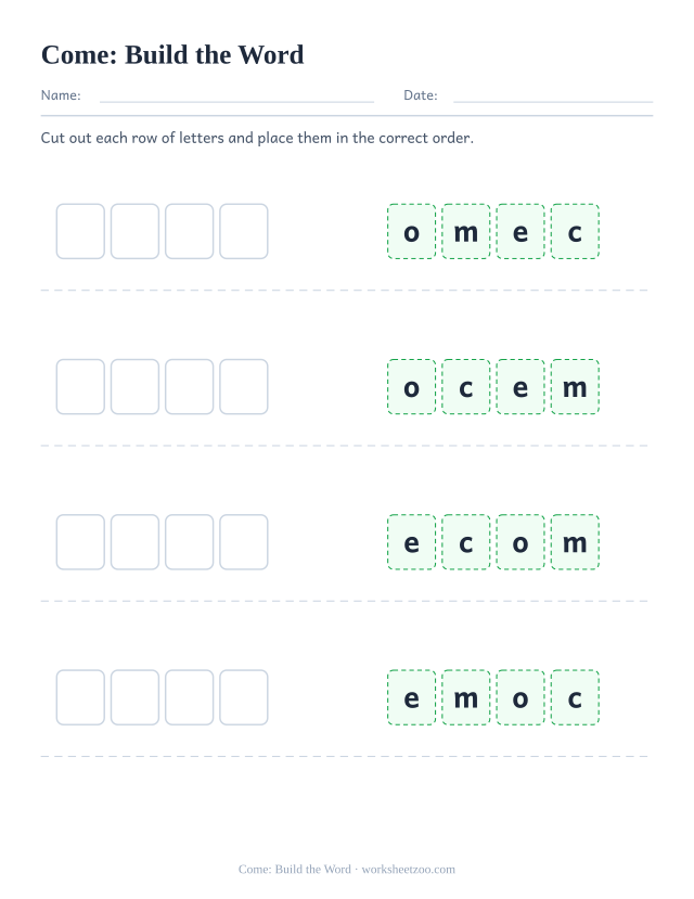 Sight word “come” worksheet, build the word printable activity