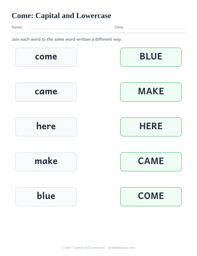Sight word “come” worksheet, capital and lowercase printable activity