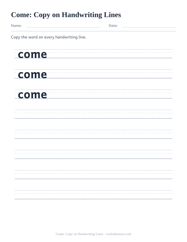 Sight word “come” worksheet, copy on handwriting lines printable activity