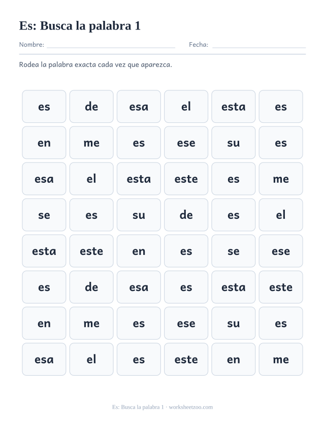 Ficha de la palabra frecuente «es», busca la palabra 1 para imprimir