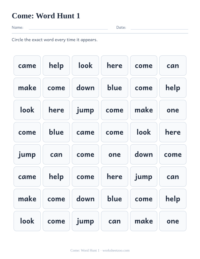 Sight word “come” worksheet, word hunt 1 printable activity