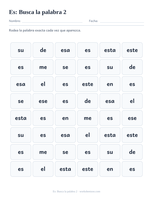 Ficha de la palabra frecuente «es», busca la palabra 2 para imprimir