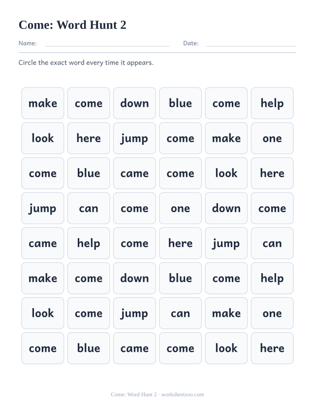 Sight word “come” worksheet, word hunt 2 printable activity