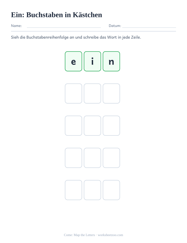 Vorschau: häufiges Wort „ein“, Buchstaben in Kästchen