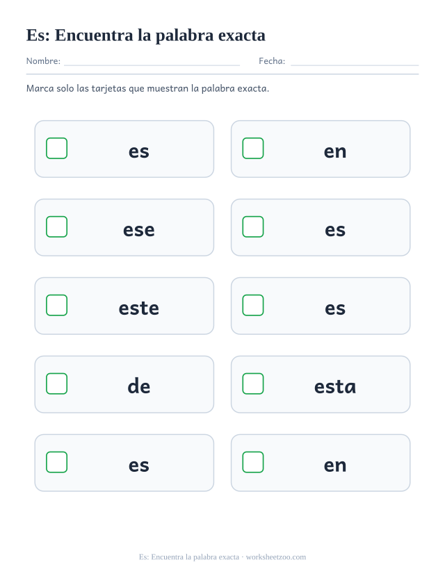 Ficha de la palabra frecuente «es», encuentra la palabra exacta para imprimir
