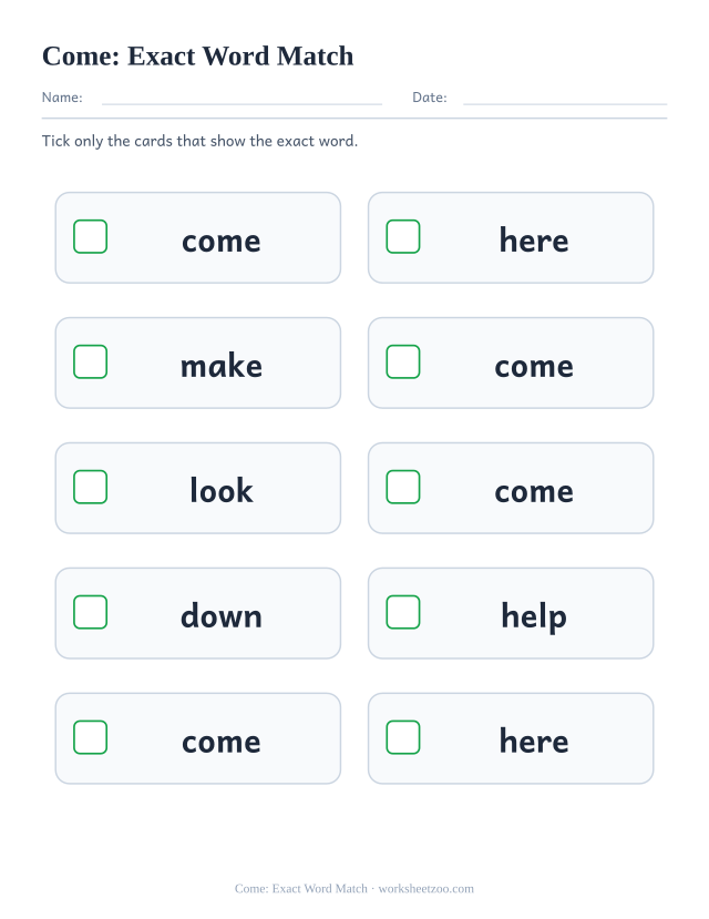 Sight word “come” worksheet, exact word match printable activity