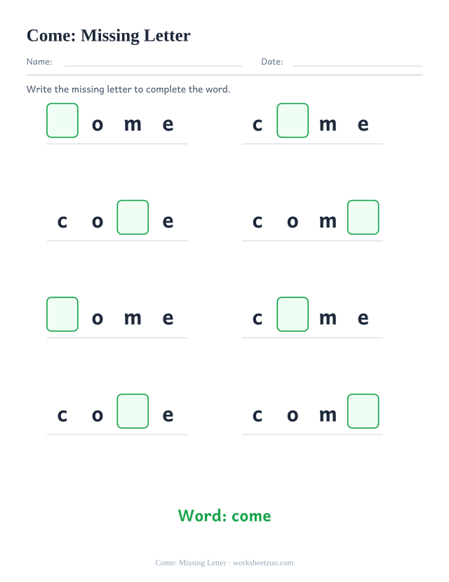 Sight word “come” worksheet, missing letter printable activity