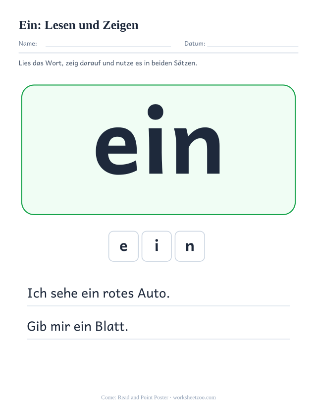 Vorschau: häufiges Wort „ein“, Lesen und Zeigen